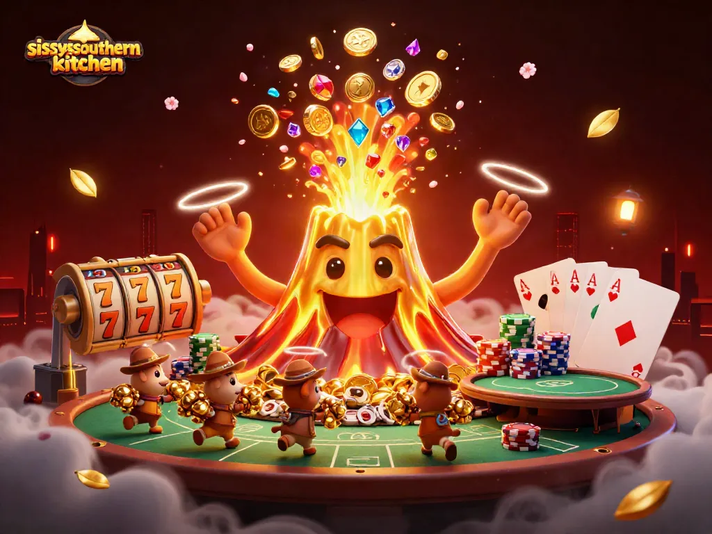 Sissyssouthernkitchen showcases a vibrant casino scene with golden volcano, treasures, and dynamic slot elements.