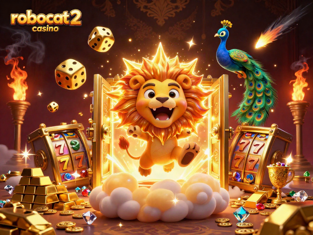Engage in exhilarating gameplay at robocat 2 casino with a cartoon lion and dynamic gold visuals.