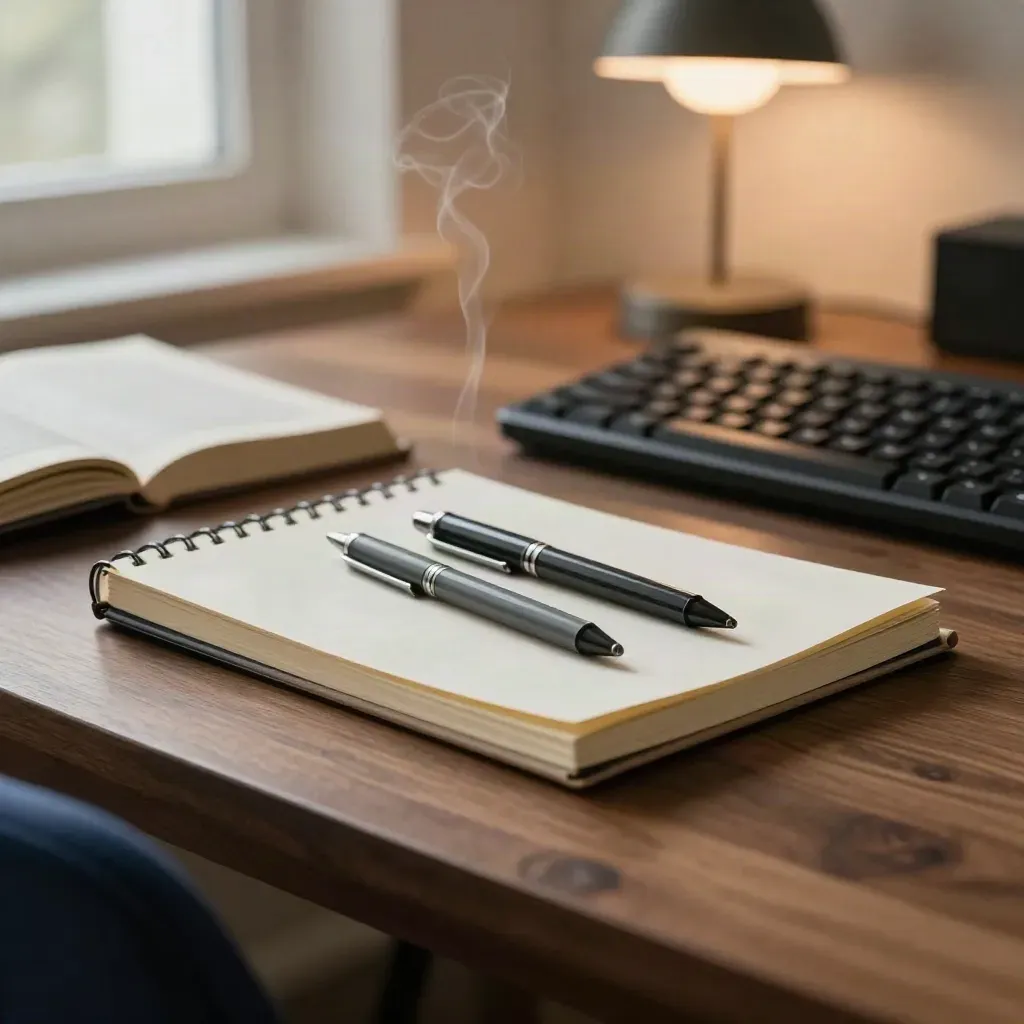 Kit de contenido SEO sobre mesa de nogal con cuaderno, bolígrafos y teclado apagado.