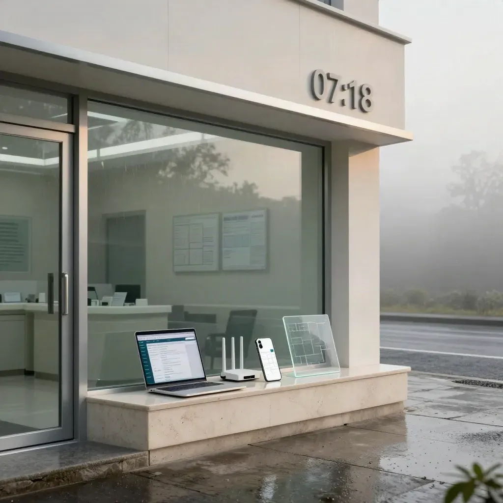 Fachada local al amanecer con portátil, router y móvil en un ambiente SEO moderno.