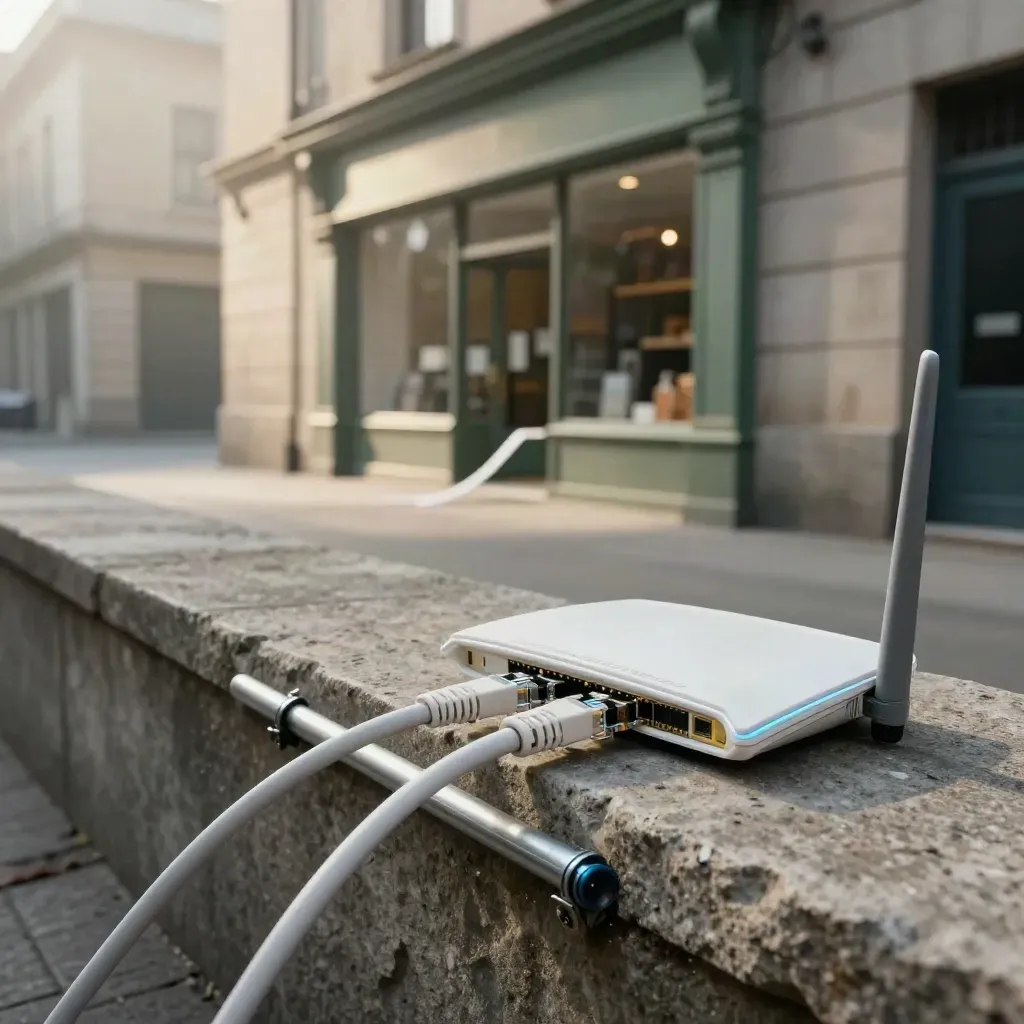 Red de enlaces con router, cables y nodos frente a una fachada comercial, luz cinematográfica.
