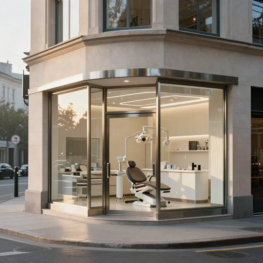 Clínica dental moderna en esquina, fachada limpia e interior luminoso al amanecer.