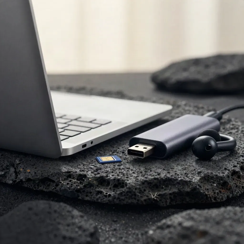 Portátil cerrado, SIM, hub USB y auriculares sobre piedra oscura con luz lateral.