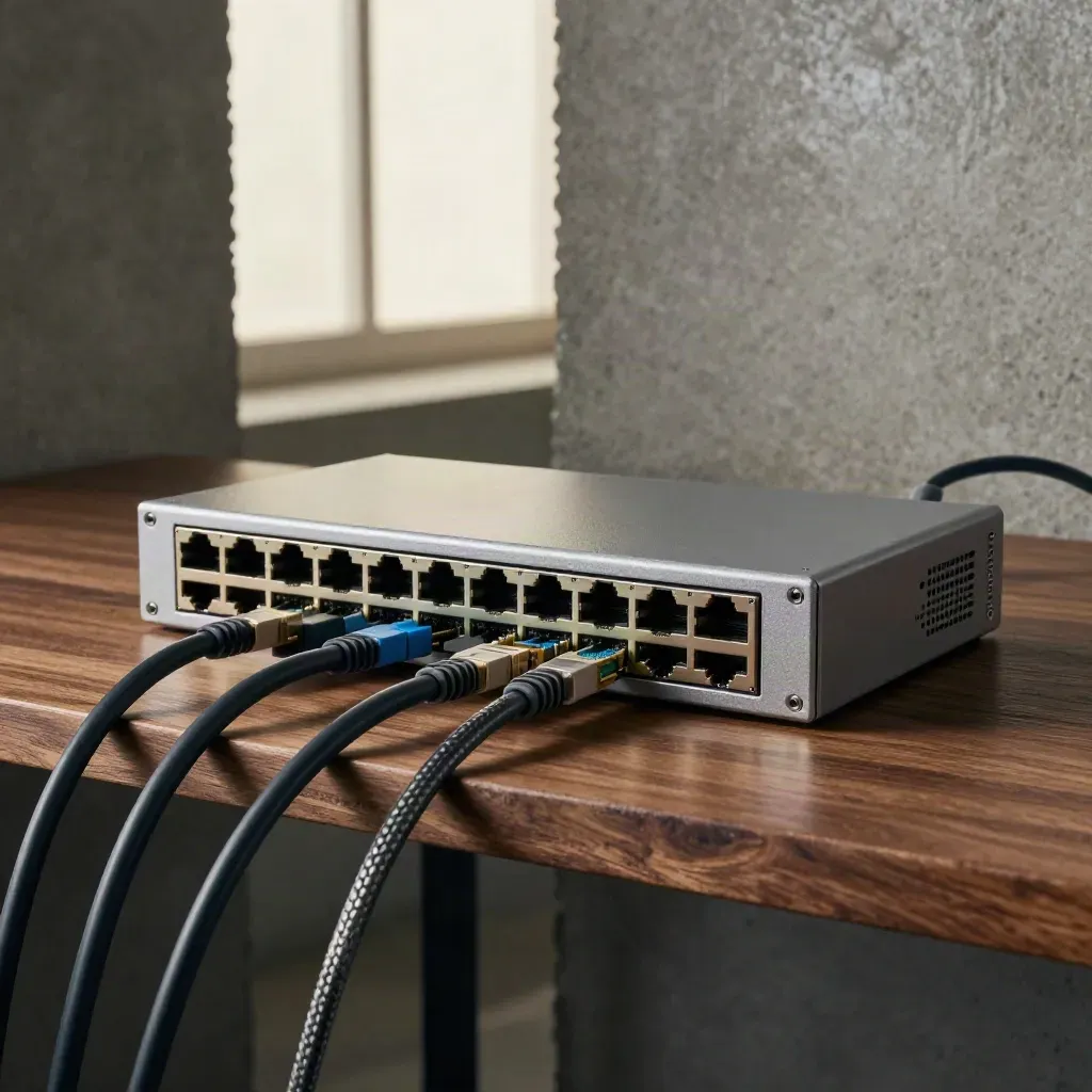 Switch compacto, cables trenzados y módulo de servidor en una esquina industrial con luz dramática.