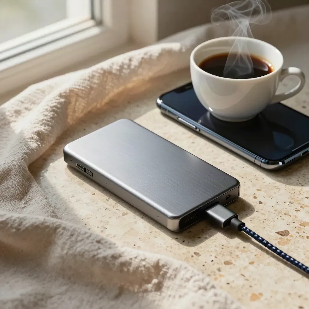 Bodegón SEO con smartphone, SSD, cable y café sobre lino claro, con luz suave matinal.