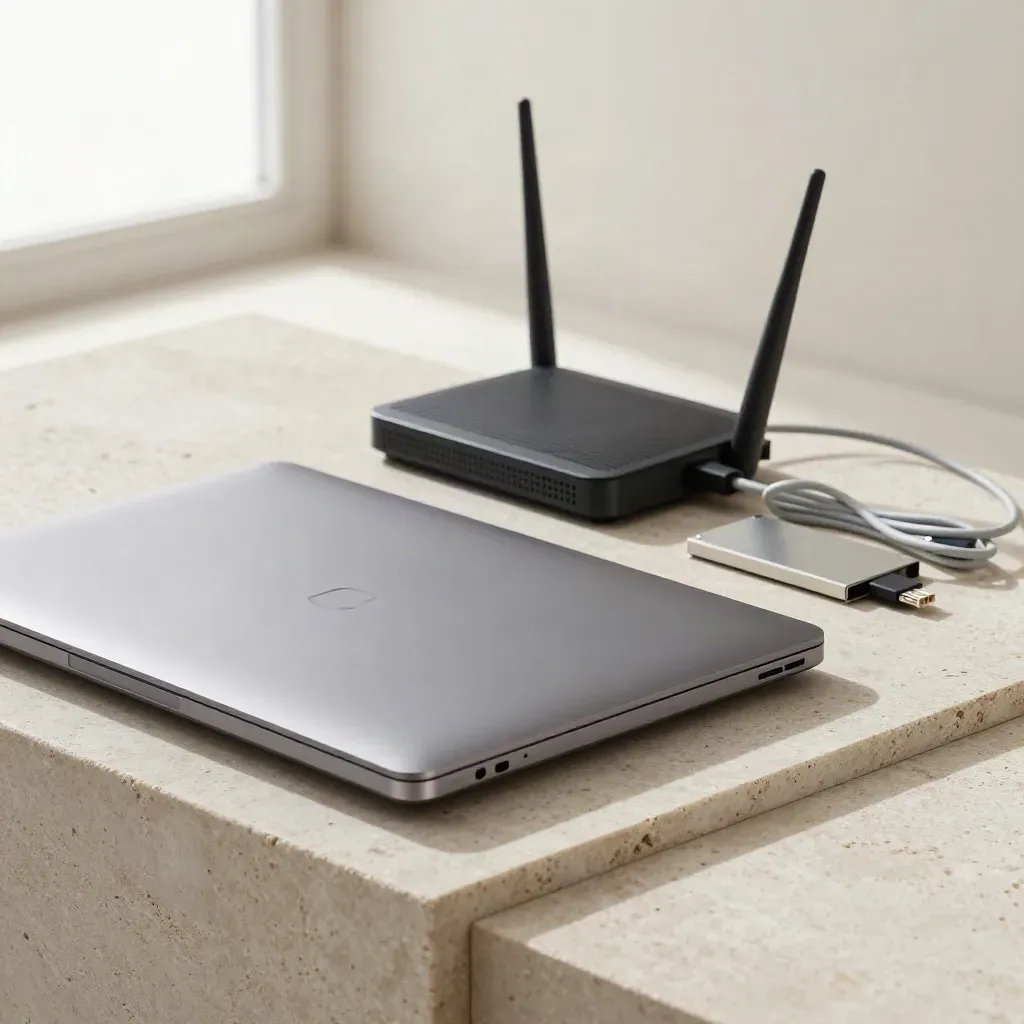 Portátil cerrado, router, SSD y cable Ethernet sobre piedra clara con luz lateral suave.