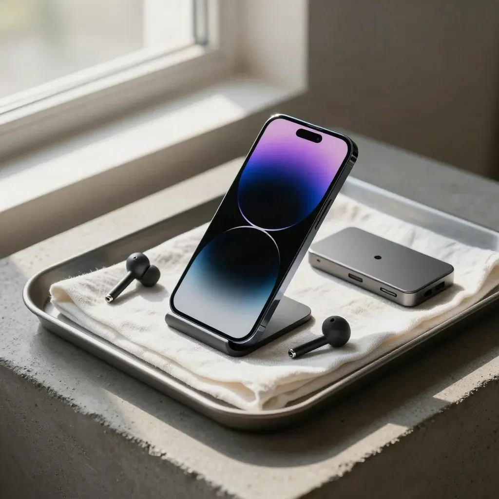 Teléfono, indicador LED, auricular inalámbrico y SSD sobre bandeja de piedra con luz suave.