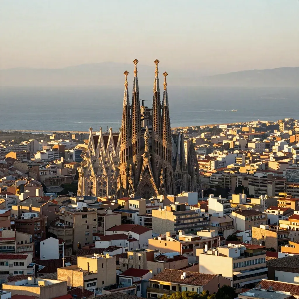 Barcelona al atardecer con la Sagrada Família alta y el mar en calma bajo luz dorada.