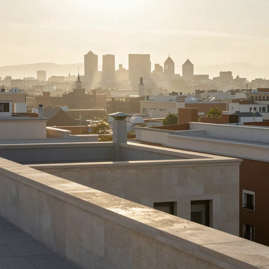 Azotea alta con el skyline de Madrid al amanecer y calima dorada suave.