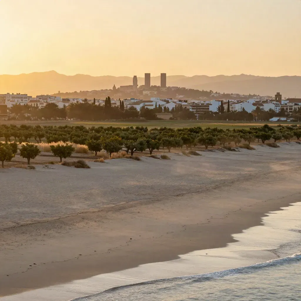Valencia y la huerta al atardecer con niebla costera y luz cálida.