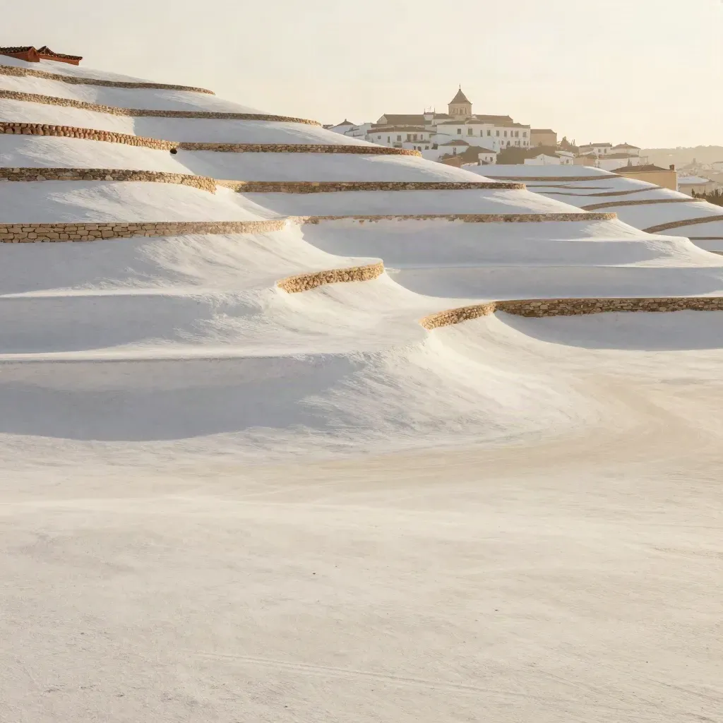 Ladera blanca andaluza con Sevilla a lo lejos y calima dorada, fondo neutro para copy