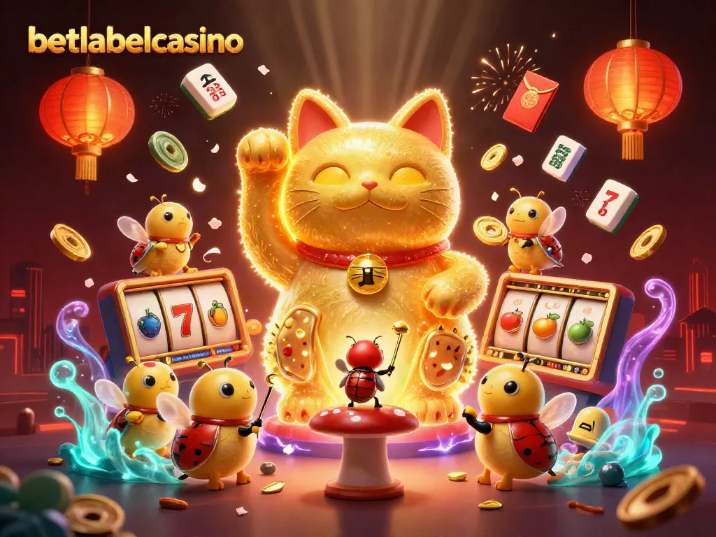 Experience the vibrant world of betlabelcasino with a lucky cat and dynamic casino symbols.