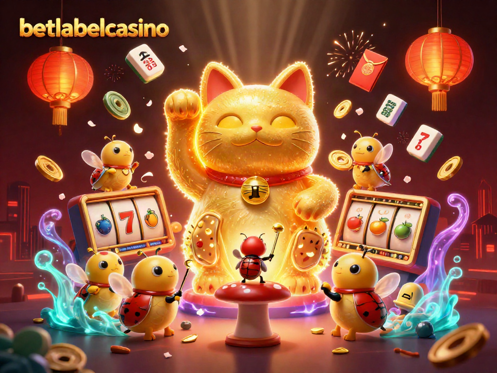Experience the vibrant world of betlabelcasino with a lucky cat and dynamic casino symbols.